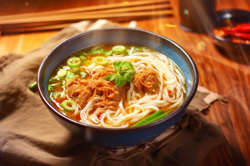 木质桌子上的撒着葱花的米粉面条面食美味可口,高清,摄影图,摄影图片,图片大全,摄影图免费下载